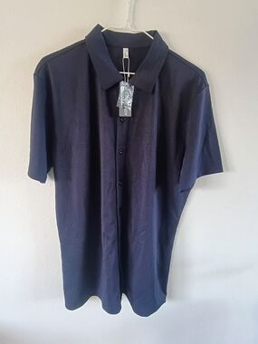 Cofandy Mens Navy Button Front Polo Shirt Stretch Short Sleeve Medium NWT